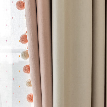 Cream-Colored Chenille Blackout Curtains for Children's Room, Sleeping Beauty Style, with Pom-Pom Design, Custom-Made Finished Product
