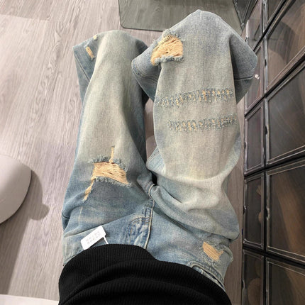 American Blue Ripped Straight Jeans for Women in Autum New High-Waisted Pear-Shaped Figure Slimming Look Loose Wide-Leg Pants