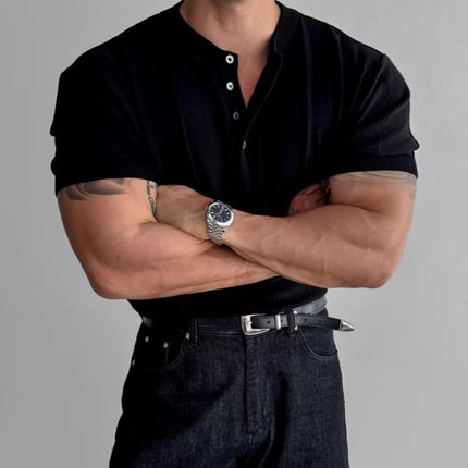 Henry Collar Slim Knitted Polo Short-Sleeved T-Shirt for Men 2025 Summer New Style Light Mature Style Business Work Clothing T-Shirt