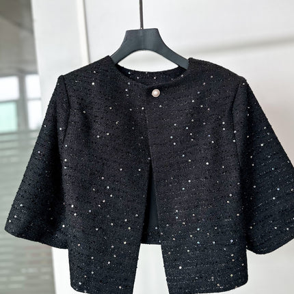M Home~2025 Spring Sequined French Black Cropped Jacket with Vest Dress Small Fragrant Style Suit Short Style
