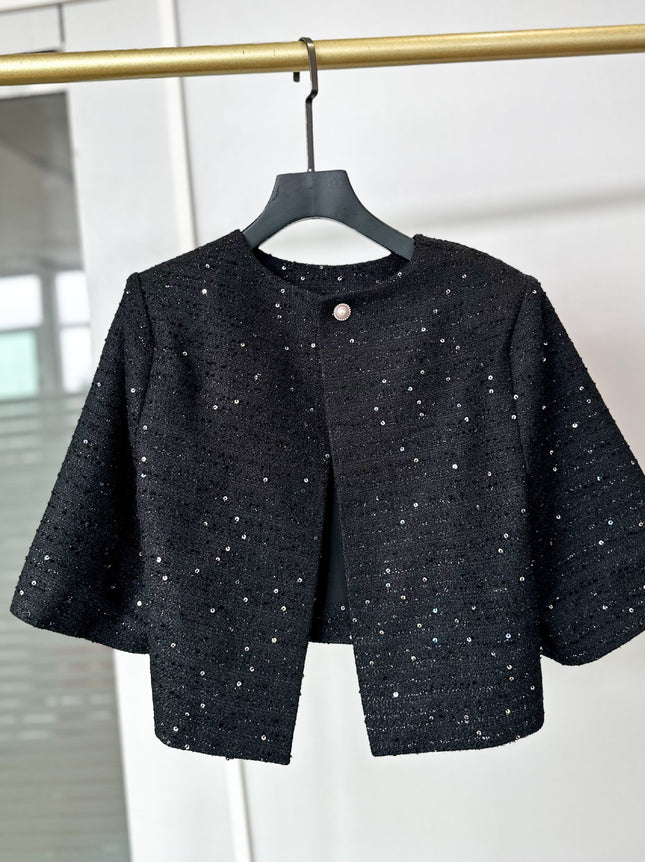 M Home~2025 Spring Sequined French Black Cropped Jacket with Vest Dress Small Fragrant Style Suit Short Style