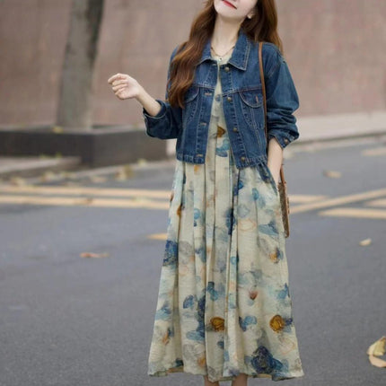Spring 2025 new salt light cooked wind fashion age-reducing ink painting dress with Denim short coat two-piece set