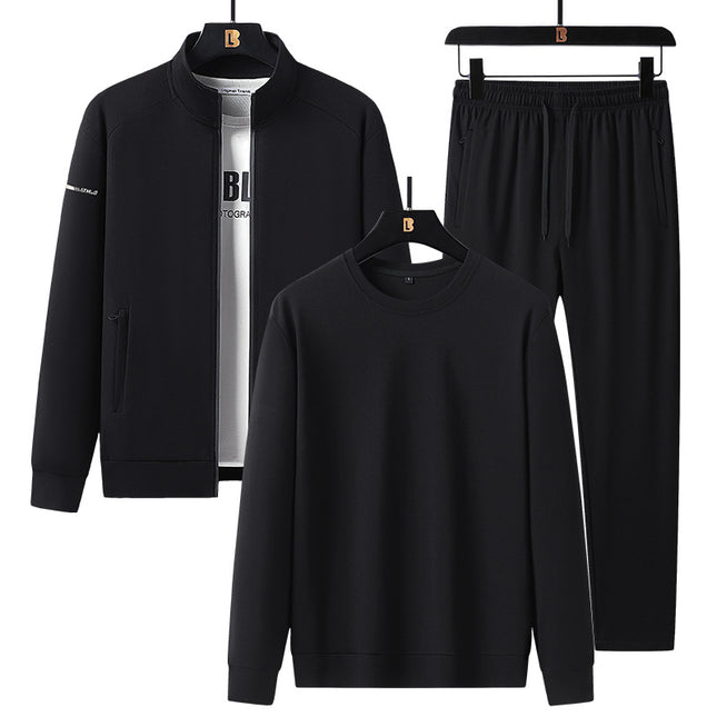 Spring and Autumn New Tencel Roman Men's Cardigan Stand Collar Sports Suit Youth Casual Warm Three-Piece Sports Suit