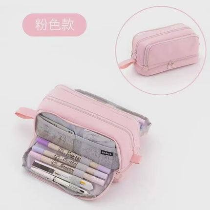 Cross-Border Color-Blocked Retractable Pencil Case, Large-Capacity Stationery Bag, Multifunctional Double-Zipper for Students, Simple and Convertible into Canvas