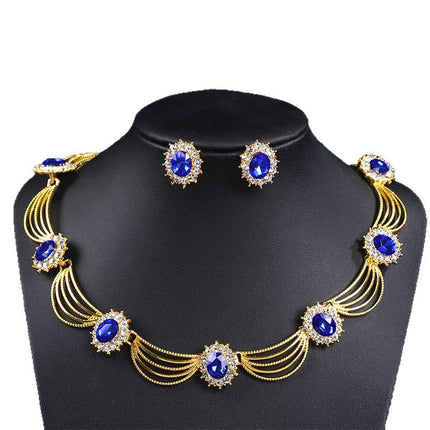 Cross-Border Gemstone Necklace, Artistic Retro Medieval Court Jewelry, Fan-Shaped Aesthetic Internet Celebrity Style Necklace and Earrings Set