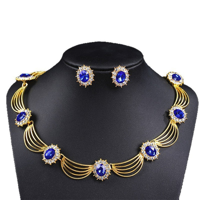 Cross-Border Gemstone Necklace, Artistic Retro Medieval Court Jewelry, Fan-Shaped Aesthetic Internet Celebrity Style Necklace and Earrings Set