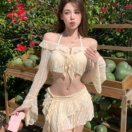Bikini Swimsuit for Women 2024 New Split Four-Piece Set Lace Long-Sleeved Sexy Slimming Look Hot Spring Seaside Vacation