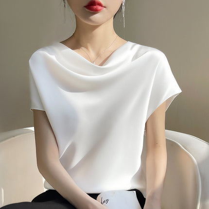 Silk Satin 2025 Spring and Summer New Short Women's French Collar Elegant T-Shirt Simple Short-Sleeved Large Size Top