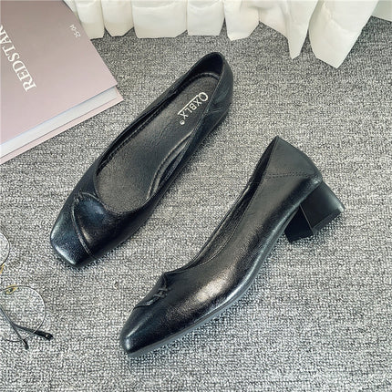 Square-toed single-layer shoes women's thick-heeled flat-bottomed professional temperament stewardess work shoes comfortable for a long time not tired feet black work shoes