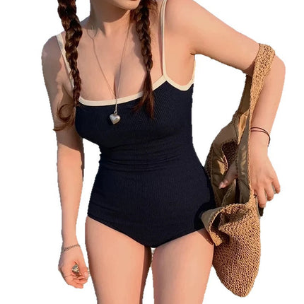 Manufacturer Wholesale New Ins Style Swimsuit Sexy Beautiful Back Covering Belly Slimming Look Pure Color Simple Fashion One-Piece Swimsuit for Women