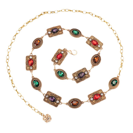 Cross-Border Vintage Bohemian Rhinestone Belt, Fashionable Hollow-Out Antique Silver Chain, European and American Luxury Rhinestone Waist Chain