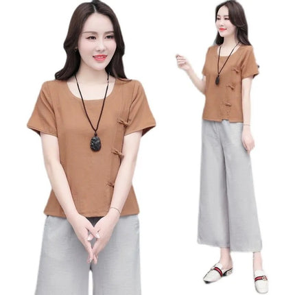 2022 Imitation Cotton and Linen Set Women's New Summer Artistic Retro Casual Fashion Western Style Linen Wide Leg Pants Set Trendy