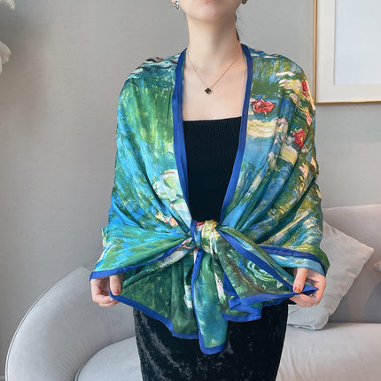 Van Gogh Monet oil painting double-sided double-layer silk scarf women's long 180x70 new silk satin popular fashion scarf shawl New