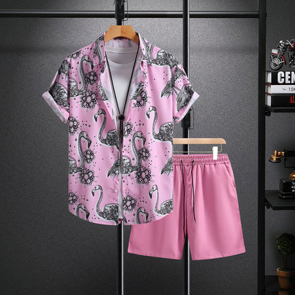 Men's Short-sleeved Shirt Shorts suit Powder Flamingo Foreign Trade Men's Casual Fashion Summer Summer 2025 New Arrival