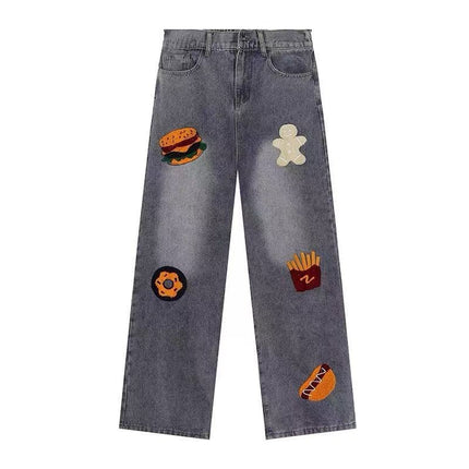 American Retro Niche Creative Burger Fries Towel Embroidered Jeans Men's Street Fashion Brand Loose Casual Long Pants