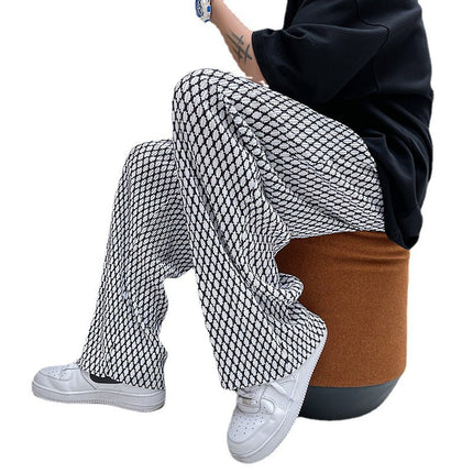Fairy plaid pants men's high street ins fashion brand fried street ruffle handsome ice silk wide-leg pants men's summer thin draping mop pants