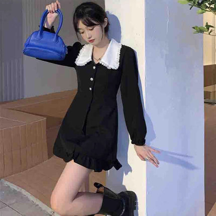 French Retro Black Long-Sleeved Dress for Women Spring & Fall 2025 New Style Sweet Waist-Cinching Doll Collar Short Skirt