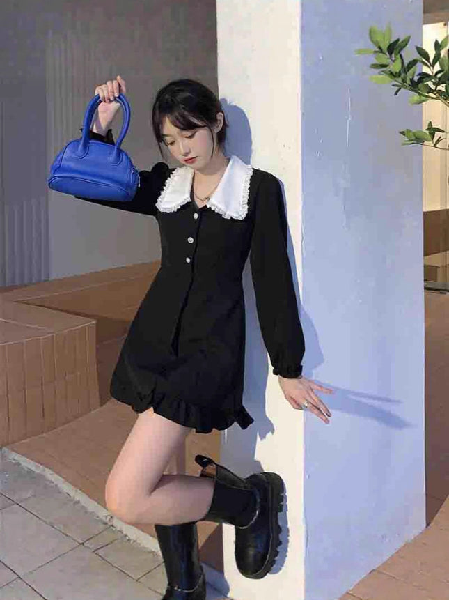 French Retro Black Long-Sleeved Dress for Women Spring & Fall 2025 New Style Sweet Waist-Cinching Doll Collar Short Skirt