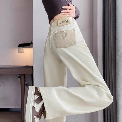 creamy-white Jeans Women's Trendy All-match New High Waist Slim-fit Narrow Version Small Men's Straight Wide-leg Pants