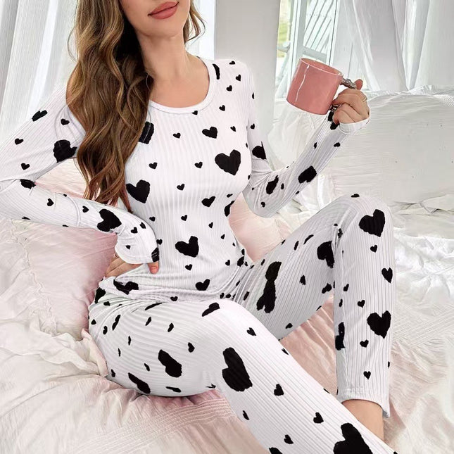 Cross-Border Export New Home Wear Set Heart Print Long-Sleeved Pants Set European and American Hot-Selling Women's Pajamas