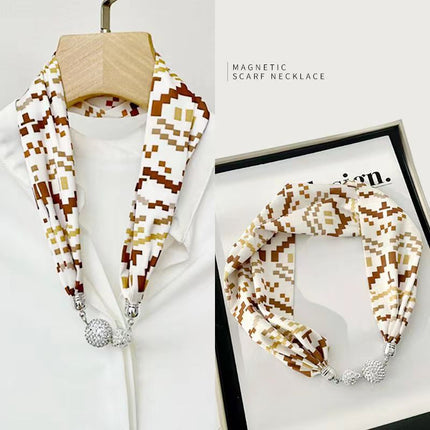 2026 New Magnetic Buckle Small Silk Scarf with Geometric Patterns and Rhinestones, Magnetic Necklace Scarf, Women's Hairband Scarf
