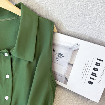Retro Literary Green Shirt Sleeveless Dress Women's Simple Casual Summer Comfortable and Relaxed Atmosphere Long Skirt