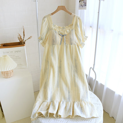 Ink Style Crepe Long Sleeve Long Dress Nightgown Spring and Autumn Women's Pure Cotton Yarn with Chest Pad Summer dress Pajamas