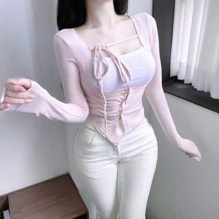 South Korea's Dongdaemun Spring and Summer New Style Pure Lust Style Figure-Showing Suspenders + Lace-Up Sun Protection Thin Cardigan Two-Piece Set
