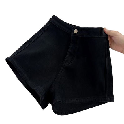 High-Waisted Retro Black Slimming Look Denim Shorts for Women in Autumn and Winter Fleece-Lined Boot Pants for Small People to Show Leg Length and Wear Leggings