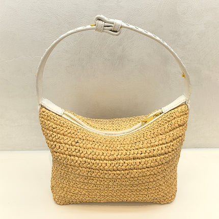 2025 Raffia Fiber Handmade Crochet Shoulder Lunch Box Bag Woven Tote Underarm Bag for Women Versatile Zipper