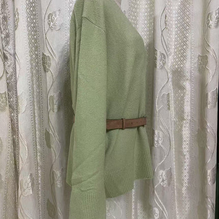 Ruohan with light green V-neck long sleeve sweater women's 2025 new design feeling lazy wind loose sweater