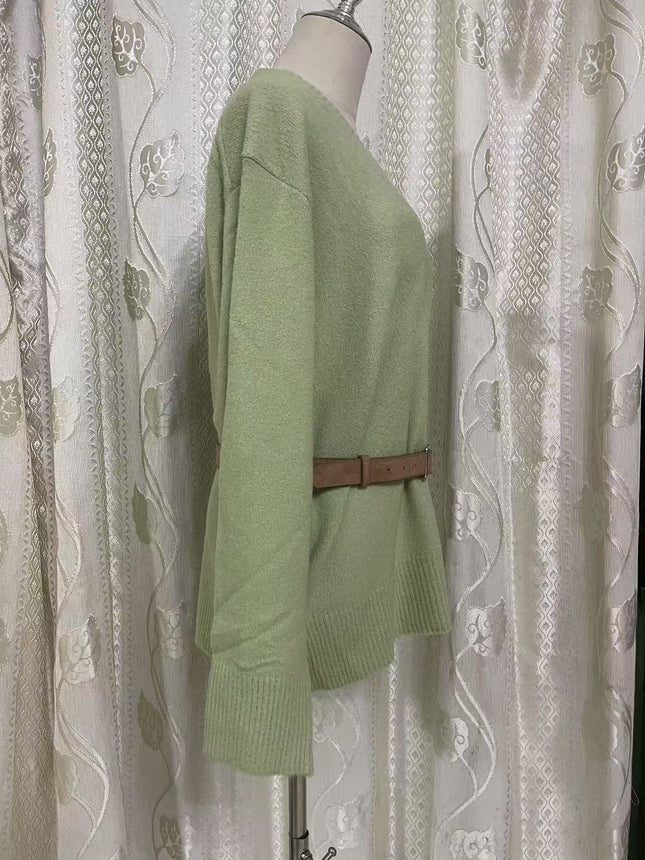 Ruohan with light green V-neck long sleeve sweater women's 2025 new design feeling lazy wind loose sweater