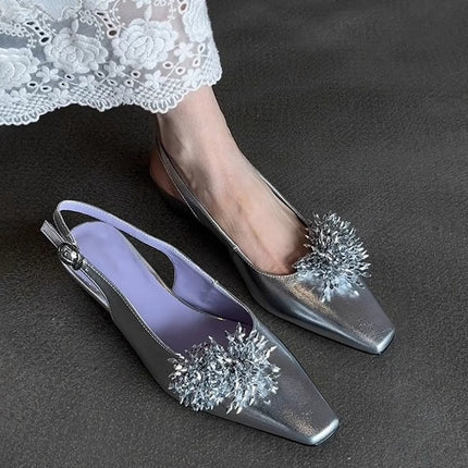 Sheepskin Version ~ French New Style Shallow Mouth Square Toe Evening Shoes for Women Black Elegant Smoke Shower Back Strap Toe Sandals