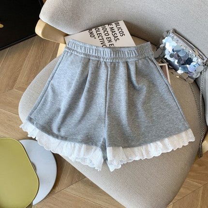 Lace Splicing Sports Casual Shorts for Women 2025 New Elastic High Waist Slimming Versatile Loose Wide Leg Pants
