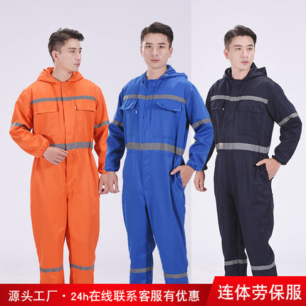 One-Piece Work Clothes for Men, Long-Sleeved, Reflective Strips, Hooded Labor Protection Clothing, Auto Repair Spray Painting, Ship Crew Uniforms, Dirt-Resistant, Wear-Resistant, Breathable