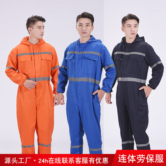 One-Piece Work Clothes for Men, Long-Sleeved, Reflective Strips, Hooded Labor Protection Clothing, Auto Repair Spray Painting, Ship Crew Uniforms, Dirt-Resistant, Wear-Resistant, Breathable