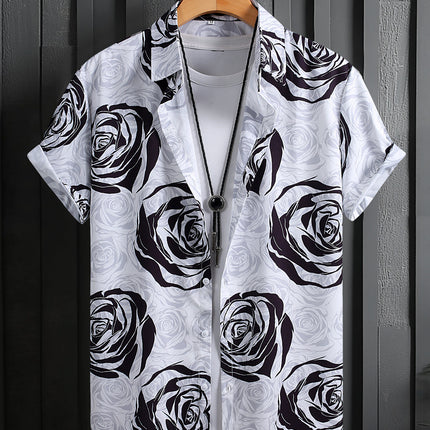 Foreign Trade Men's Men's Short-sleeved Shirt Men's Rose Printed Fashion Casual Summer 2025 New Cross-border Special