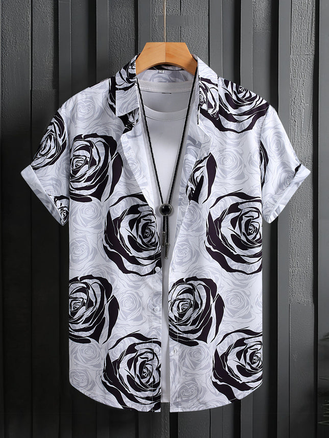 Foreign Trade Men's Men's Short-sleeved Shirt Men's Rose Printed Fashion Casual Summer 2025 New Cross-border Special