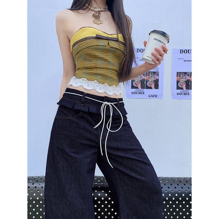 Ear-rimmed double waist jeans for women 2025 new high waist slimming all-match machete design wide leg mop pants