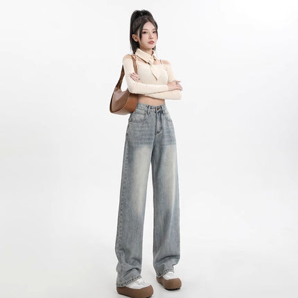 Vintage Blue High Waist Wide Leg Jeans Women's Trendy All-match New Loose Slimming Casual Straight Floor Long Pants