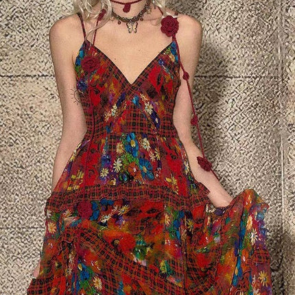 TheNeverMo Fireworks Burning Spring French Retro V-neck Strap Floral Long Dress for Holiday dress Summer