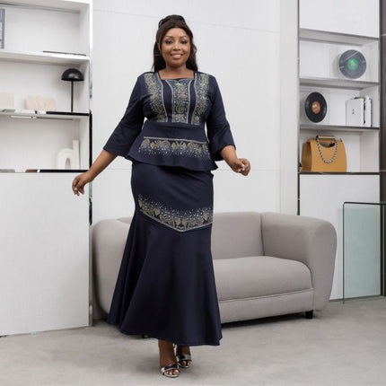 African cross-border source 2023 new hot drilling temperament commuter dress light luxury hot drilling dress two-piece set