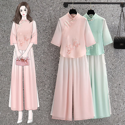 Vintage Chinese Top Set Large Size Chinese Style Seven-point Sleeve Cheongsam Peony Embroidered Gradient Pants Two-piece Set