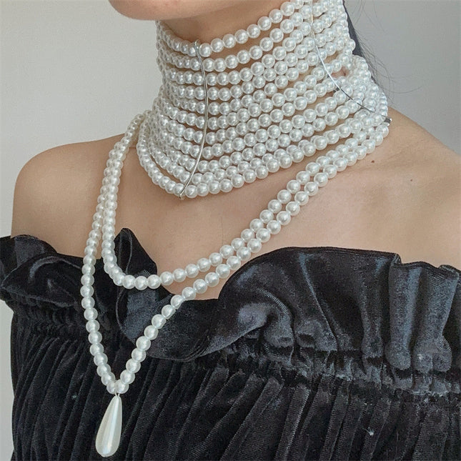 European and American Light Luxury Retro Handmade Multi-Layered Pearl Drop Tassel Necklace French Socialite Style Neck Ornament