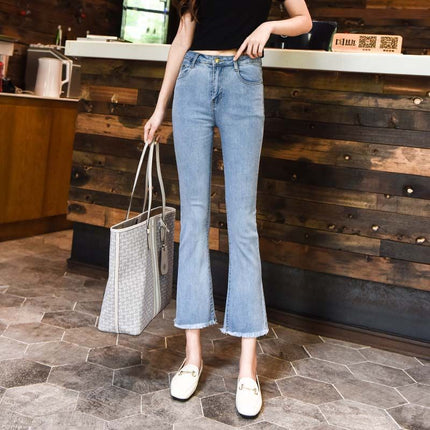 American Style light blue High Waist Micro-Lar Jeans Women's Summer 2025 New Style Small Nine-point Slim Fit Horn Pants