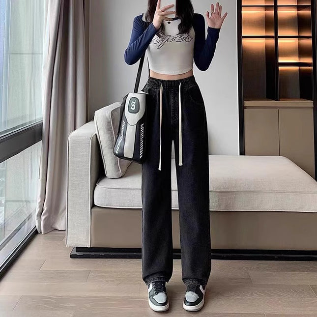 Plus Size Elastic Waist Wide Leg Jeans for Women, Trendy and Versatile High Waist Drawstring Design, Loose and Slim Straight Pants