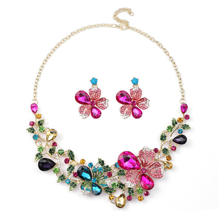2022 New Color Flower European and American Necklace suit Women's Light Luxury Showy Bride Necklace Painted Oil Gem Clavicle Chain
