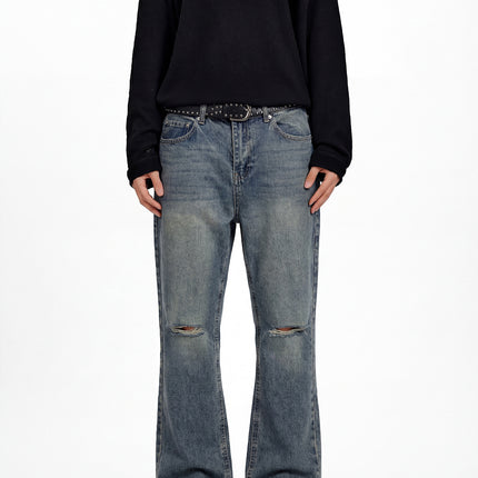 Rdt Men's Clothing | Distressed Washed Destroyed American Knife-Cut Wide-Leg Cleanfit Bootcut Jeans Heavy Wash