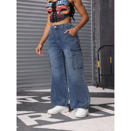 European and American Flip Large Pocket Tooling Jeans Loosen Casual Non-elastic Tooling Pants Women's Denim Tooling Pants