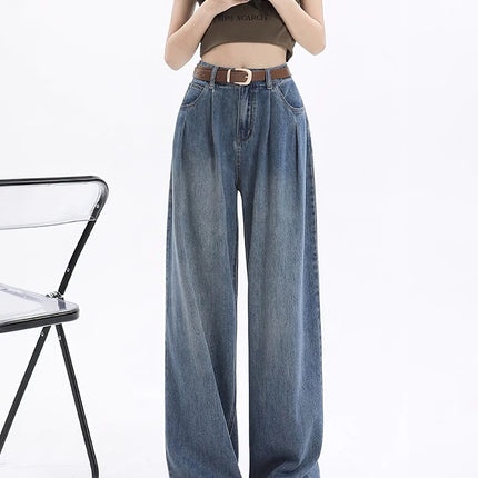 Vintage Pleated Drape Wide-Leg Jeans for Women, Autumn 2025 New High-Waisted Loose Slimming Straight Floor-Length Pants